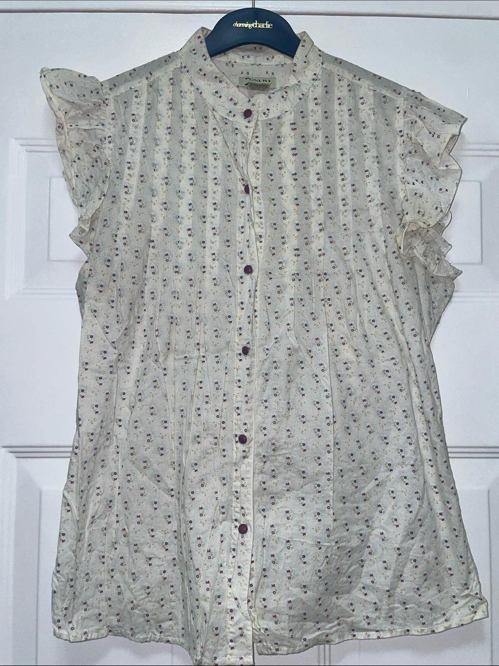 Light Cream Floral Button-Front Ruffle Sleeve Top